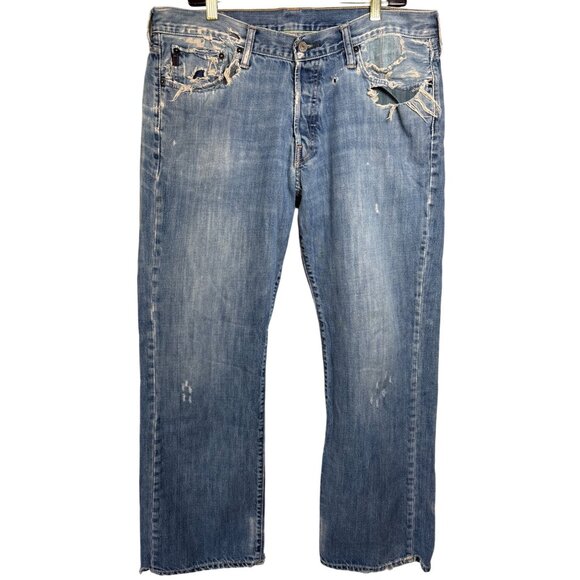 Abercrombie & Fitch Mens Jeans Low Rise Boot Cut Button Fly Y2K Distressed Plaid - Picture 1 of 15